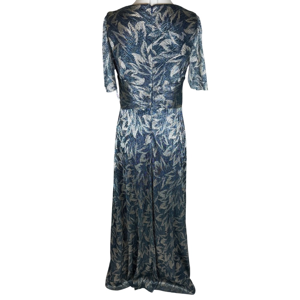 NWT R&M Richards Blue Gold Leaf Metallic Pleated Flutter Sleeve Dress Gown Sz 6 - Picture 11 of 14